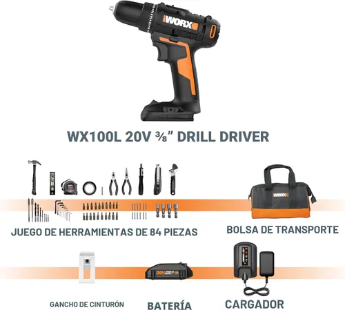 Miniatura 7 de Worx Taladro Atornillador Inalámbrico de 20V, Kit de Accesorios de 84 Piezas, 2 Velocidades Variables, Par de 265 In-Lbs, Embrague 20+1, Ligero