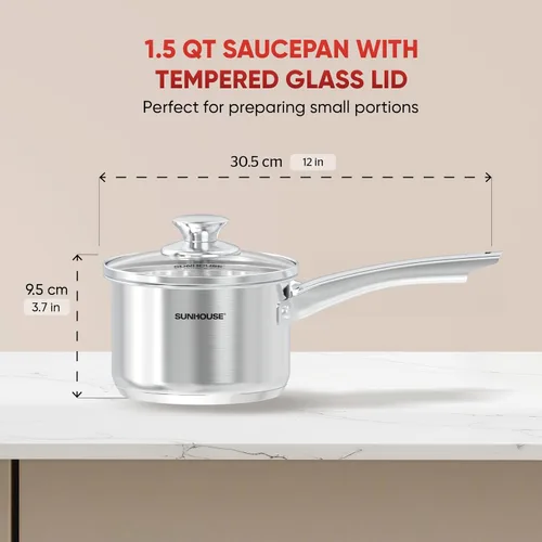 Miniatura 3 de Sunhouse Cacerola de acero inoxidable de 1.5 cuartos de galón con tapa, olla pequeña para cocinar, sin PFOA, base de inducción avanzada de unión