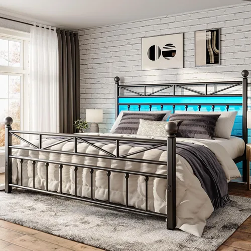 Miniatura 15 de EnHomee Base de cama de plataforma de metal tamaño Queen, cabecero alto de 54" y luces LED, cabecero y piecero vintage victoriano, almacenamiento
