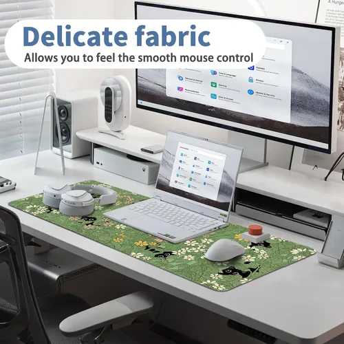 Miniatura 5 de Alfombrilla de ratón linda con gato grande, alfombrilla de escritorio verde extendida, alfombrilla de teclado con base antideslizante y bordes Gato