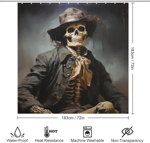 Miniatura 6 de YLATY3387 - Cortina de ducha de traje negro con calavera para baño, divertido juego de cortina de ducha de esqueleto hippie bohemio, tela de pintura