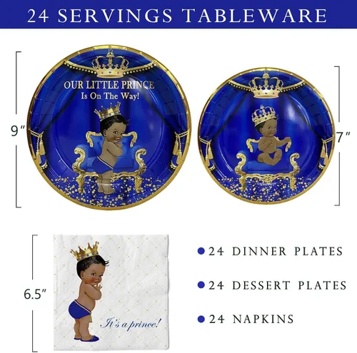 Miniatura 2 de Servilletas con platos para fiesta de baby shower, con diseño de "Nuestro Principito está en camino" para 24 invitados, vajilla desechable azul real