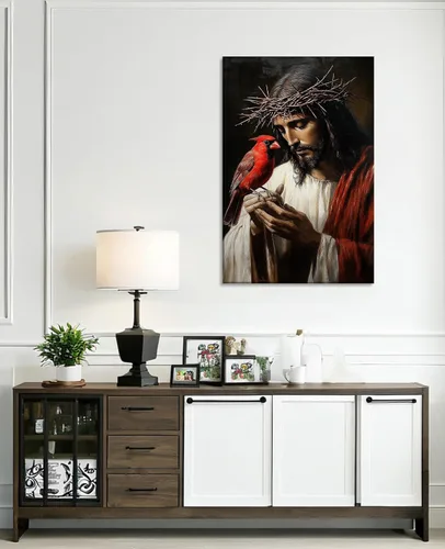 Miniatura 3 de Arte de pared de Jesús y cardenal, decoración de Cristo, cuadro enmarcado de Dios, pintura cristiana, inspiración religiosa, impresiones en lienzo