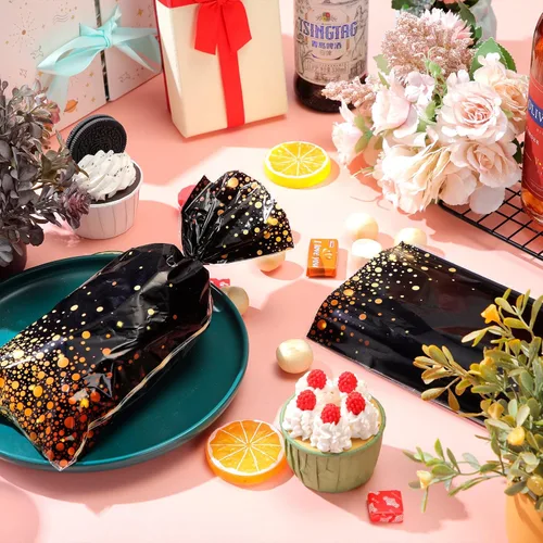 Miniatura 4 de Censen 100 bolsas de celofán de graduación, bolsas de celofán negro y dorado, 10.8 x 5 pulgadas, bolsa de plástico para dulces con 100 lazos dorados