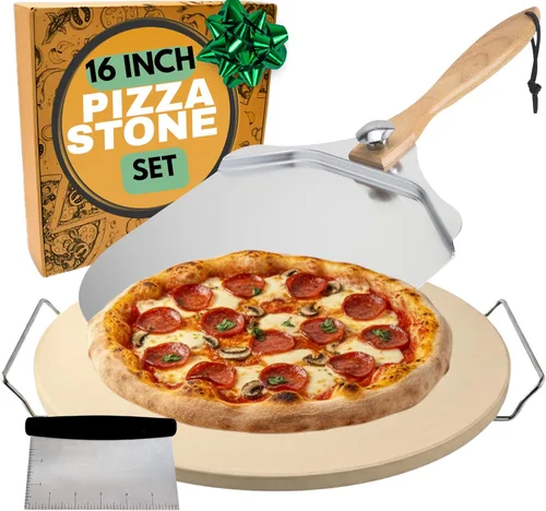 Miniatura 11 de Piedra de pizza grande para horno de 16 pulgadas, piedra redonda para pizza para parrilla con asas, juego de pala y cortador de pizza de madera