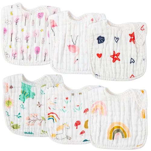Miniatura 13 de Zainpe 6 piezas de baberos de algodón de muselina con broches para bebé con patrón de conejo, oso, oveja, pañuelos para babero suaves, absorbentes