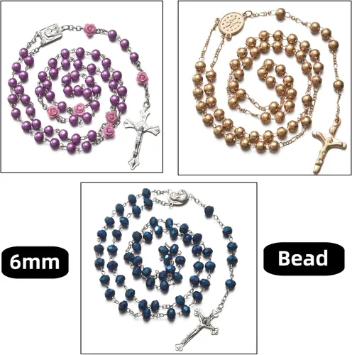 Miniatura 5 de SZQCZB 7 collares católicos con cuentas de rosario y 18 tarjetas sagradas, regalos de primera comunión católica, medalla y cruz de Our Rose Lourdes