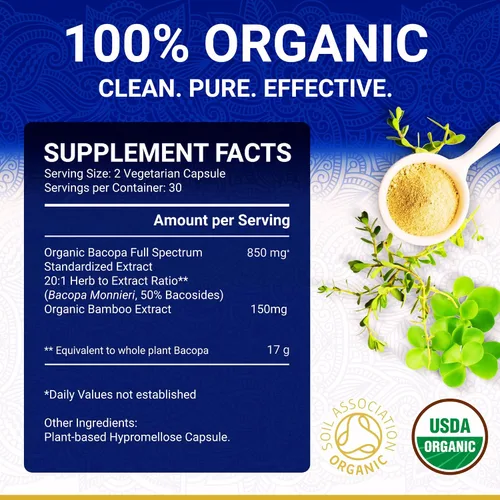 Miniatura 5 de True Veda Suplemento orgánico de Bacopa Monnieri – Extracto de Bacopa Premium Cápsulas Brahmi orgánicas certificadas por USDA con 50% de bacosidos
