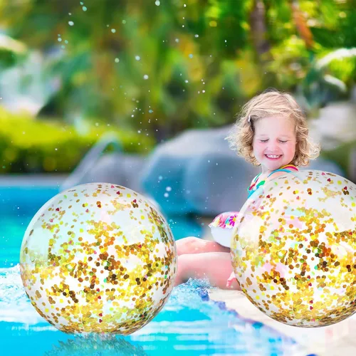 Miniatura 5 de Civaner 10 bolas inflables de playa con purpurina de 16 pulgadas, bola grande de confeti brillante para piscina, globo inflable transparente, Oro