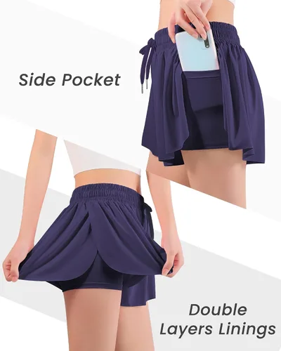 Miniatura 3 de Auranso Pantalones cortos de mariposa para niñas, pantalones cortos fluidos con bolsillo 2 en 1 para atletismo, correr, gimnasio, ropa preparatoria