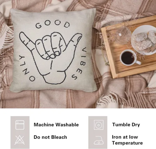 Miniatura 6 de Fahrendom Good Vibes Only Aloha Hand Gesture Hang Hand Symbol Motivacional Sign Cotton Linen Home Funda de cojín decorativa con palabras para sofá