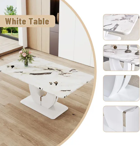 Miniatura 3 de JUFU Moderno juego de mesa de comedor y 4 sillas, juego de mesa de comedor de mármol sintético blanco para 4, juego de mesa de comedor y 4 sillas