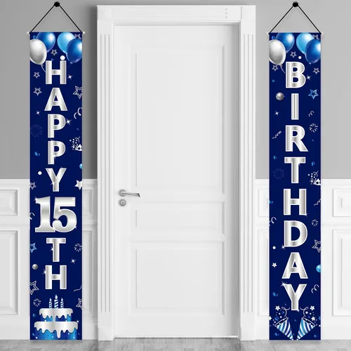 Miniatura 9 de Turypaty Cartel azul plateado para puerta de cumpleaños número 13, pancarta de feliz cumpleaños 13 para niños, suministros de fiesta de cumpleaños