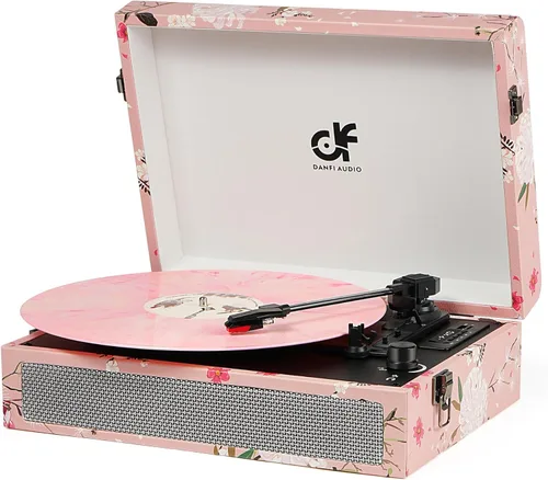 Miniatura 10 de Tocadiscos de vinilo Bluetooth con altavoces integrados, tocadiscos portátil vintage de 3 velocidades con auriculares de grabación USB/conector