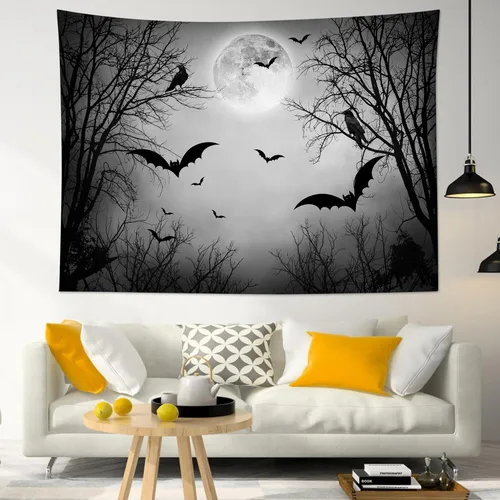 Miniatura 14 de HVEST Tapiz de noche de Halloween, tapiz para colgar en la pared, bosque embrujado con tumba y calabazas, manta de pared para dormitorio, sala
