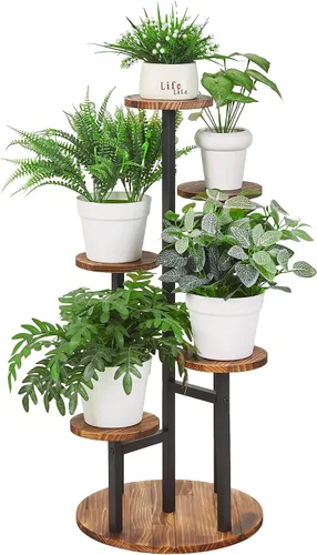 Miniatura 8 de VECELO Soporte para Plantas de 3 Niveles Interior y Exterior, Estante Alto de Metal y Madera para Flores y Múltiples Plantas, Pequeño Estante