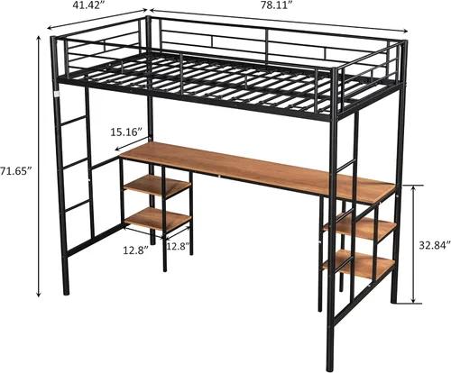 Miniatura 2 de Escritorio y estantes de metal tamaño individual, cama alta de metal con escritorio y estantes de almacenamiento, marco de cama que ahorra espacio