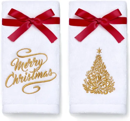 Paquete de 2 toallas de mano de Navidad, 100% algodón, color dorado, para decoración de baño y cocina, toallas de mano navideñas con lazo rojo