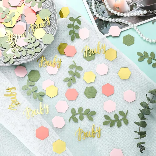 Miniatura 4 de 220 piezas de decoración de mesa de confeti para baby shower con eucalipto verde salvia dorado papel neutro de confeti disperso forma hexagonal