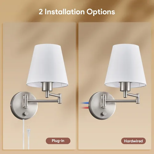 Miniatura 3 de VONLUCE Lámpara de pared con brazo oscilante ajustable moderna de níquel cepillado, iluminación de aplique de pared enchufable para mesita de noche