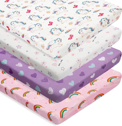 Paquete de 4 sábanas suaves para bebé niña N Play para colchón de mini cuna, diseño de unicornio, arcoíris y corazón, lindo poliéster neutro unisex,