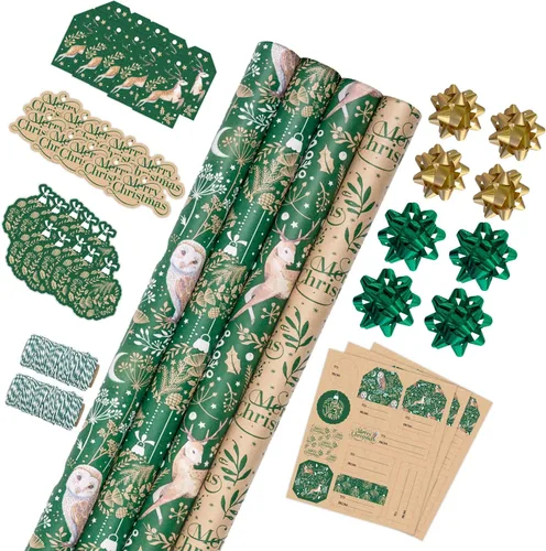 Miniatura 12 de RUSPEPA - Papel para envolver regalos de Navidad, papel kraft – diseños de ciervos, copos de nieve y cuadros – 4 rollos – 30 pulgadas x 10 pies por