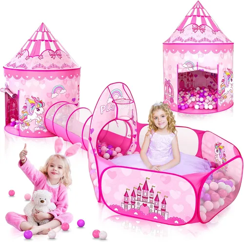 Miniatura 9 de Tienda de campaña de princesa de 3 piezas para niñas con hoyo de bolas para niños, tiendas de campaña para niños y túnel de gateo para niños