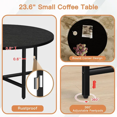 Miniatura 5 de Mesa de Café FAMIDGE, Mesas de Café de 23.6" para Sala de Estar, Mesa de Café Redonda con Marco de Metal, Mesa de Piso para Sentarse en el Suelo