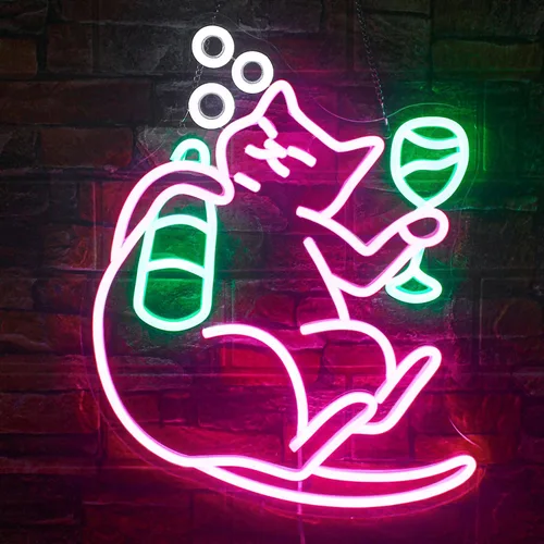 NOSUN Letrero de neón con diseño de gato y cerveza, divertido letrero de neón para decoración de pared con luz de gato regulable, letrero LED de