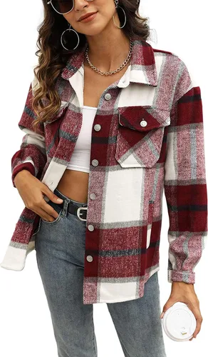 Miniatura 7 de Tanming - Chaquetas de franela cepillada para mujer, a cuadros, con botones, solapas y bolsillos, camisa tipo chaqueta