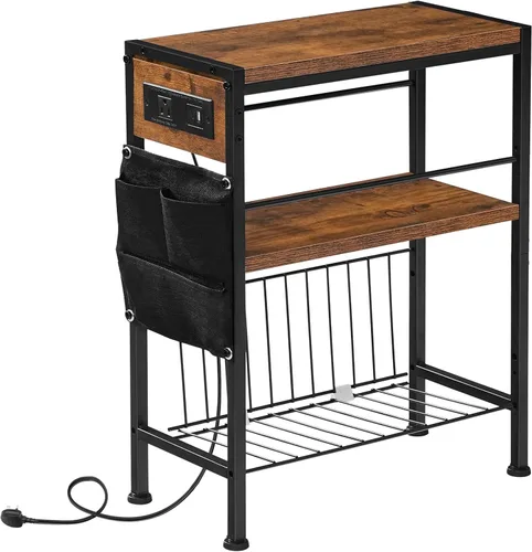 Miniatura 10 de HOOBRO Mesa auxiliar con estación de carga, mesa auxiliar pequeña con soporte para revistas, mesita de noche, estante de almacenamiento de 3 niveles