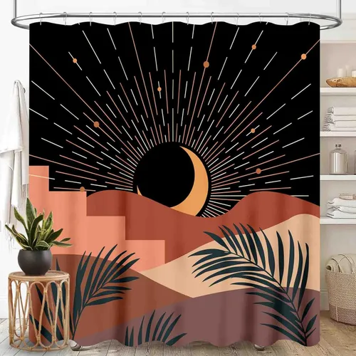 Miniatura 24 de Cortina de ducha bohemia, moderna de mediados de siglo, abstracto, tropical, palmera, salvia, hoja verde, botánica, fase lunar, arco estético