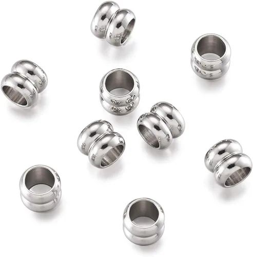 Miniatura 17 de Fashewelry - 100 cuentas espaciadoras de agujero grande de acero inoxidable en forma de barril de 6x6 mm, cuentas ovaladas de metal pulido liso