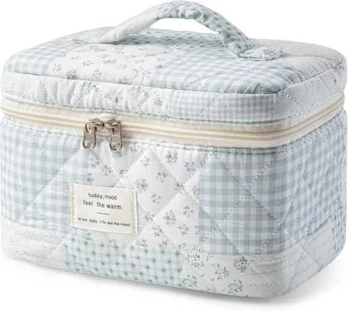 Miniatura 21 de HBselect Bolsa de Maquillaje Acolchada, Bolsa de Maquillaje Grande de Algodón para Viaje, Lindas Bolsas de Maquillaje con Flores Coquette, Bolsas