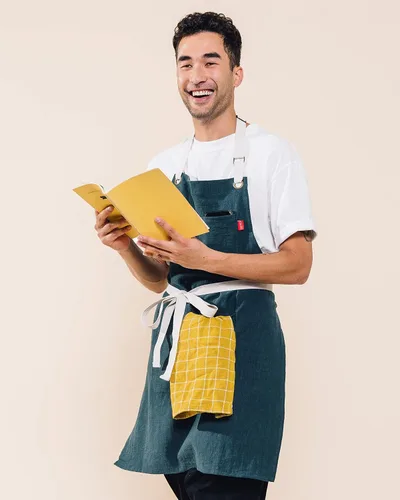 Miniatura 4 de Caldo - Delantal de cocina de lino con peto, delantal de lino ajustable con bolsillos para hombre y mujer (Abeto)