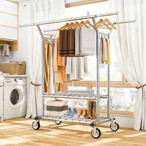 Miniatura 8 de HYSEYY Perchero de ropa resistente, perchero de ropa rodante con estantes con carga de 620 libras, percheros de ropa de doble barra para colgar