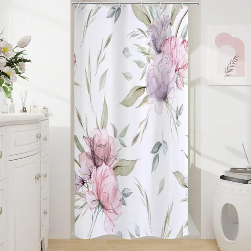 Miniatura 23 de Litabel Cortina de ducha bohemia con estampado floral de acuarela azul y gris, estilo de pintura de tinta, cortinas de ducha de flores y hojas