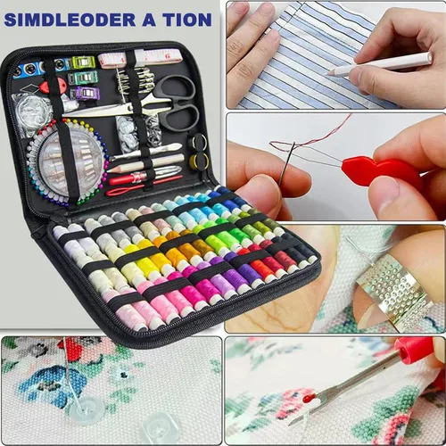Miniatura 4 de JUNING Kit de costura con estuche negro, suministros de costura portátiles para el hogar, viajes, adultos, principiantes, emergencias, 42 hilos