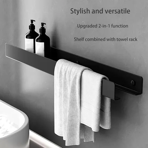 Miniatura 4 de Unidad de almacenamiento de baño de acero inoxidable con gancho para toallas, estante de ducha sin taladros o perforación, organizador para Negro