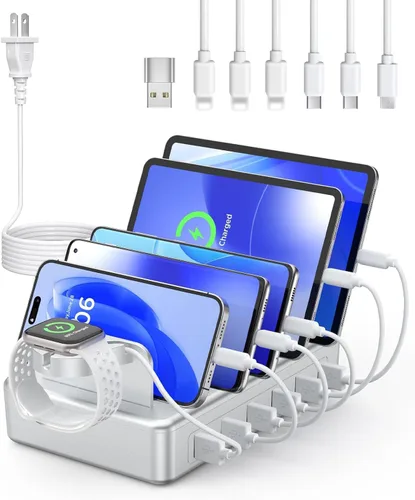Miniatura 9 de Estación de Carga para Múltiples Dispositivos, CREATIVE DESIGN Estación de Carga USB 50W de 6 Puertos con Soporte para Apple Watch y 6 Cables