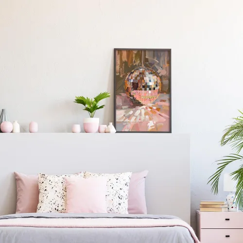 Miniatura 5 de Arte de Pared en Lienzo de Bola de Discoteca Rosa Suave de Moda, Póster con Textura de Bola de Espejo Plateada Funky para Chica, Impresión