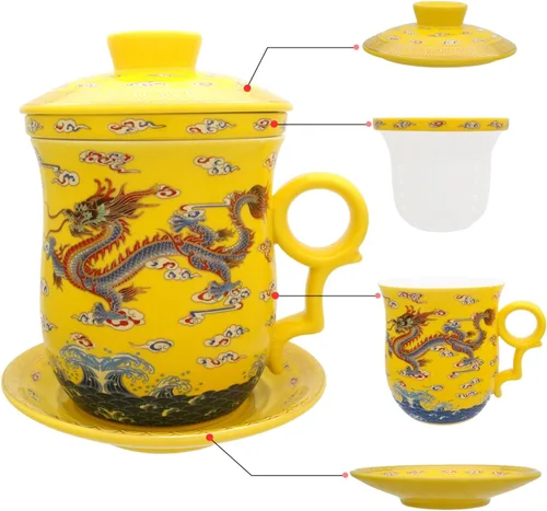 Miniatura 19 de Taza de té de porcelana con tapa de infusor y juegos de platillos – Taza de café de cerámica china Jingdezhen Taza de té de hoja suelta Sistema