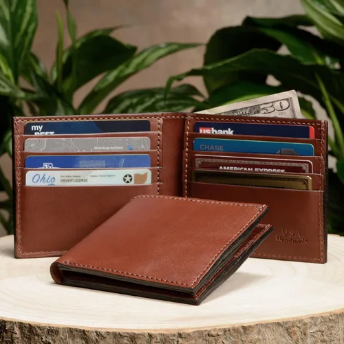 Miniatura 4 de Cartera plegable de cuero de grano completo para hombre, 3 opciones de color, fabricada en Estados Unidos, Marrón medio, 8 Card Slots