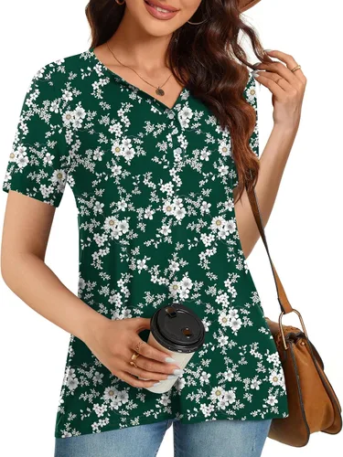 Miniatura 3 de CATHY Camisas elegantes de manga corta para mujer, estilo casual, con botones, cuello en V, holgadas