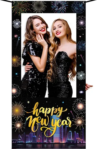 KatchOn, Marco de cabina de fotos de Año Nuevo, grande, 74 x 36 pulgadas, marco de cabina de fotos de feliz año nuevo, suministros de fiesta de Año
