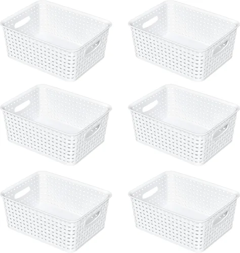 Miniatura 9 de Paquete de 6 cestas de almacenamiento de plástico tejidas, cestas de plástico blancas para despensa
