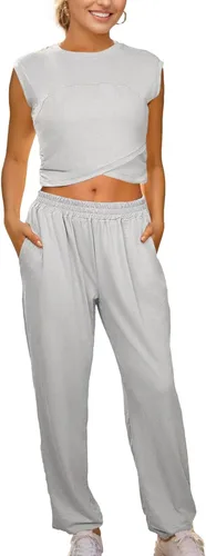 Conjunto deportivo de dos piezas para mujer, conjunto de entrenamiento atlético casual, tops recortados, pantalones de pierna ancha, pantalones