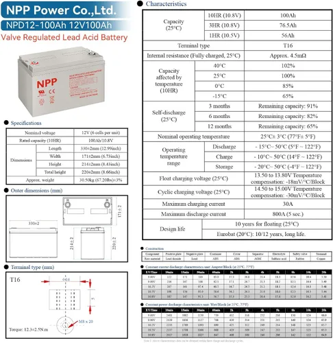 Miniatura 7 de NPP NPD12-100Ah (T16A, 2 piezas) Batería AGM SLA de ciclo profundo de 12 voltios, 12 V, 100 Ah, batería de ciclo profundo de 1200 amperios