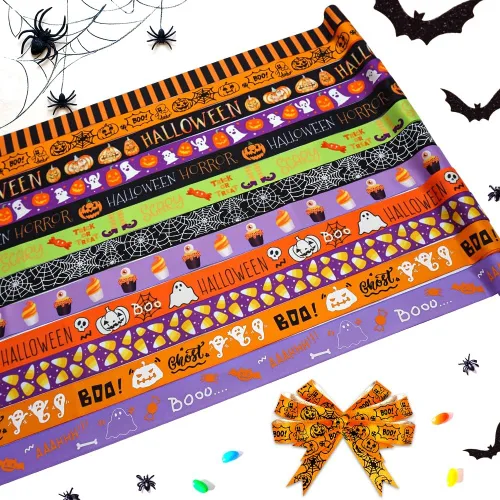 Miniatura 6 de Hying 6 cintas de calabaza de Halloween, 3/8 pulgadas de ancho de satén para manualidades en naranja y negro para envolver regalos y decoraciones