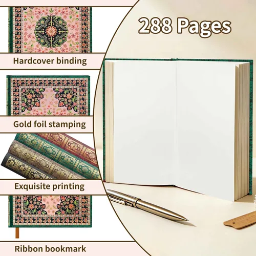Miniatura 3 de Mlife Cuaderno grueso A5 en blanco, 288 páginas A5, papel liso de 4.23 oz/m², cuaderno de bocetos vintage de tapa dura con estampado floral dorado